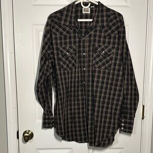 Ely Cattleman Mens Pearl Snap L/S Black and Brown Plaid Shirt